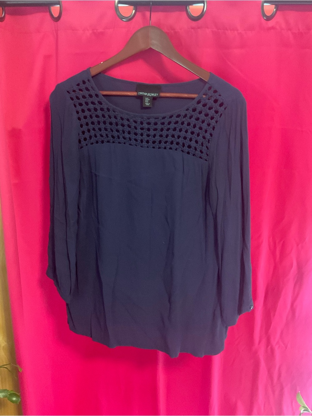 Cynthia Rowley Navy Crochet Yoke Long Sleeve Blouse